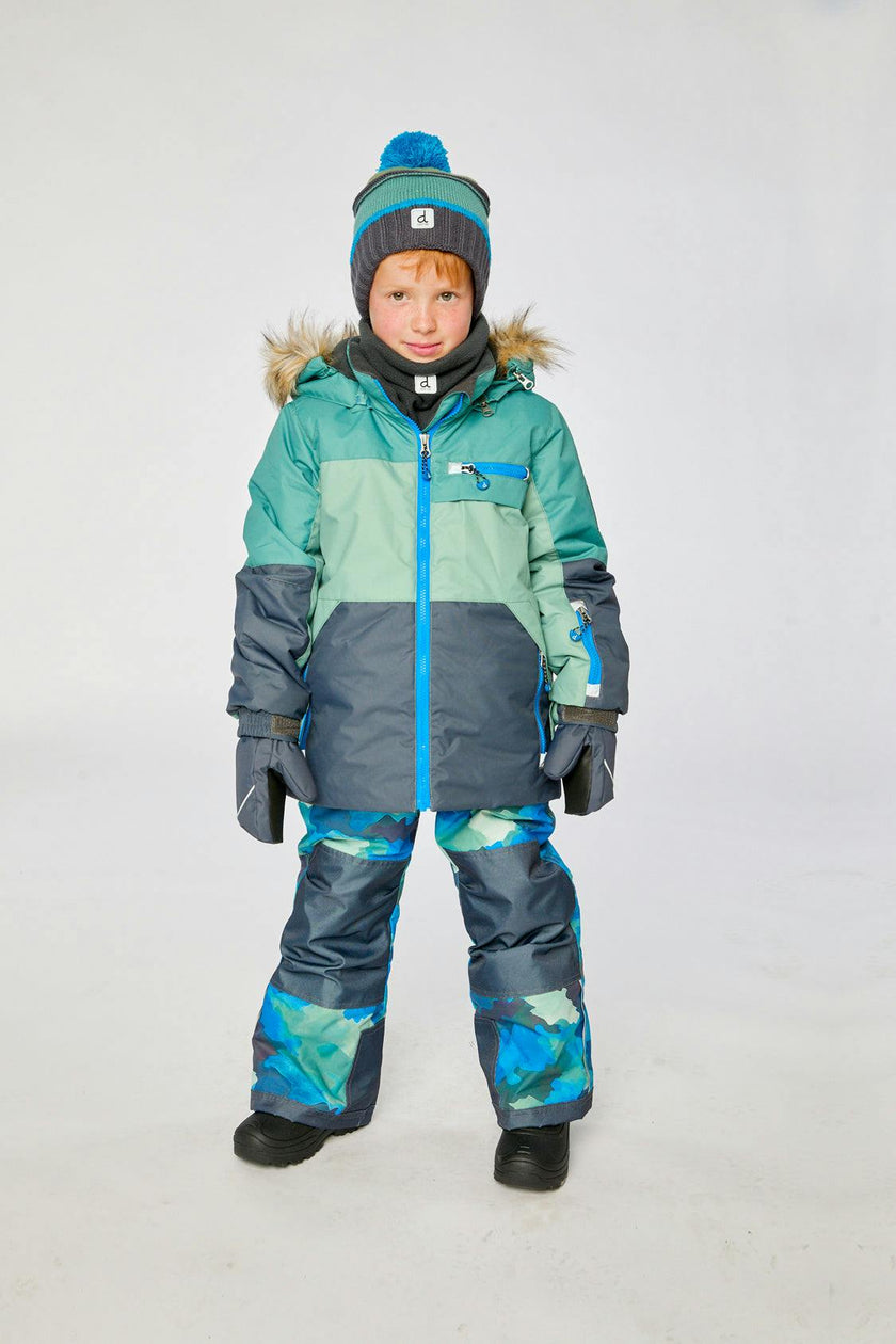 Two Piece Play Snowsuit Green And Navy Colorblock With Blue Camouflage Pants