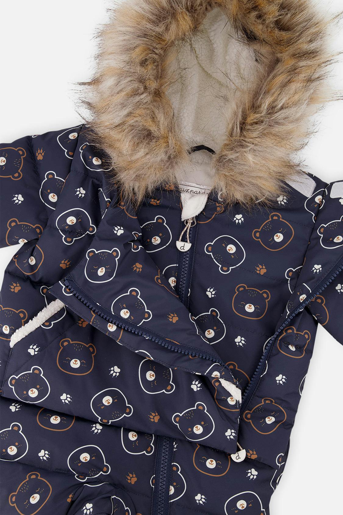 Baby Snug One Piece Snowsuit Adapted For Car Seats Blue Printed Teddy Bears