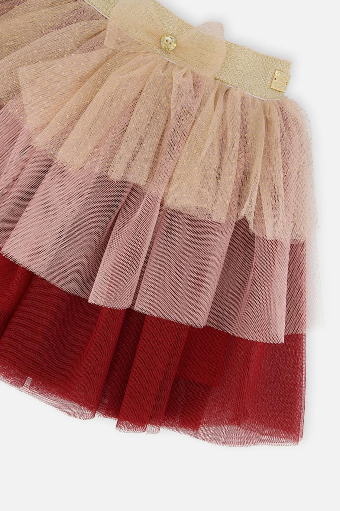 Multi Layer Glittering Mesh Skirt Red, Pink And Beige