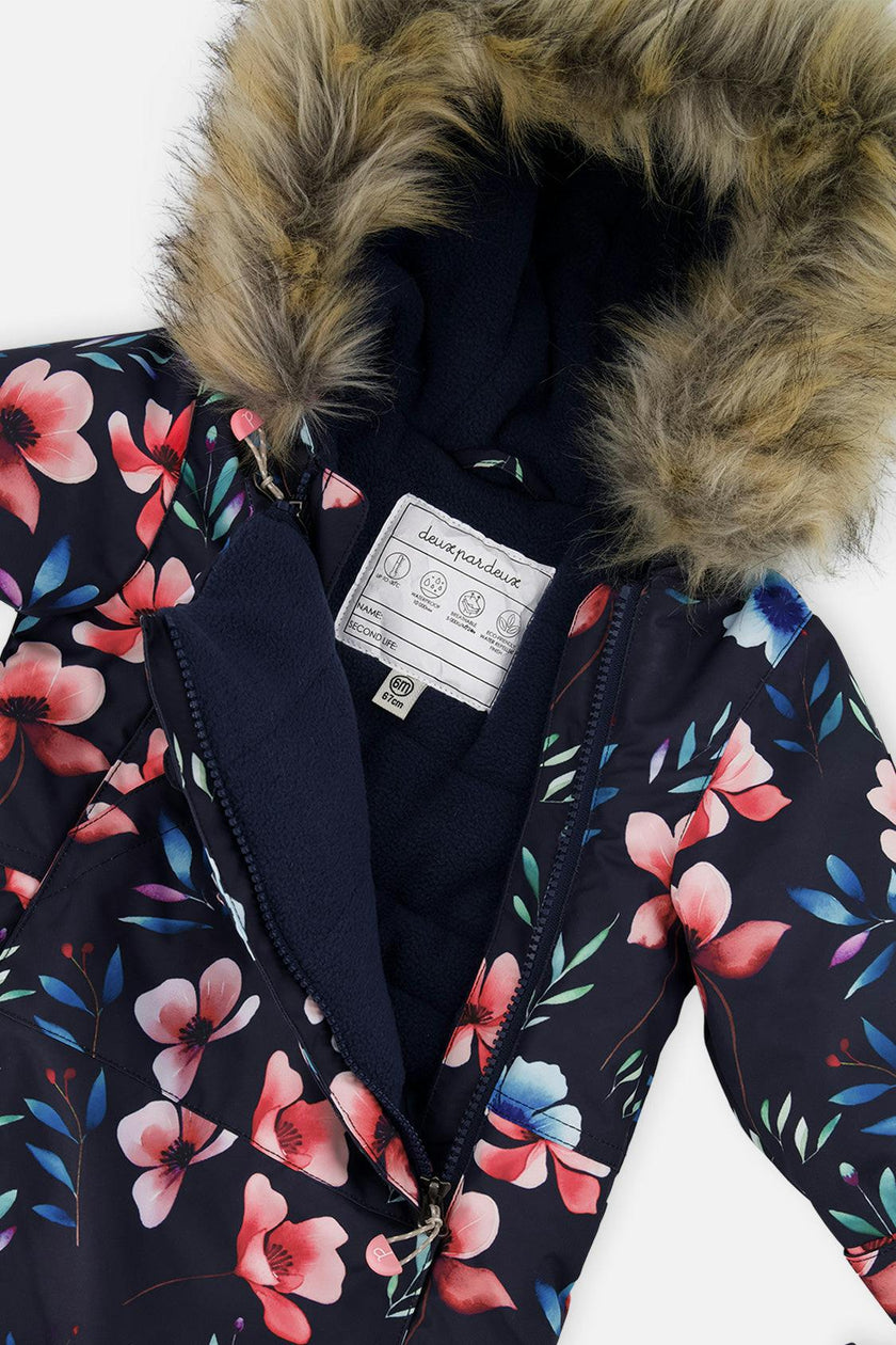 Baby One Piece Snowsuit Adapted For Car Seats Blue Floral Print
