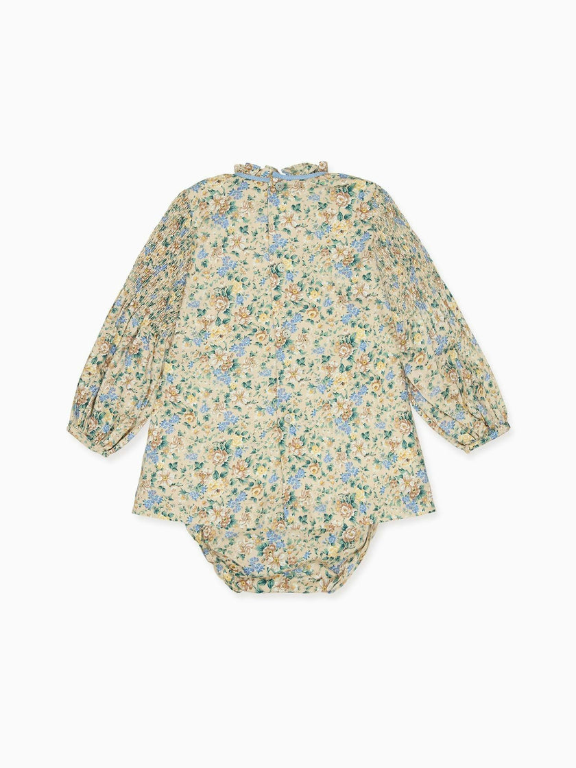 Beige Floral Raya Baby Girl Hand-Smocked Set