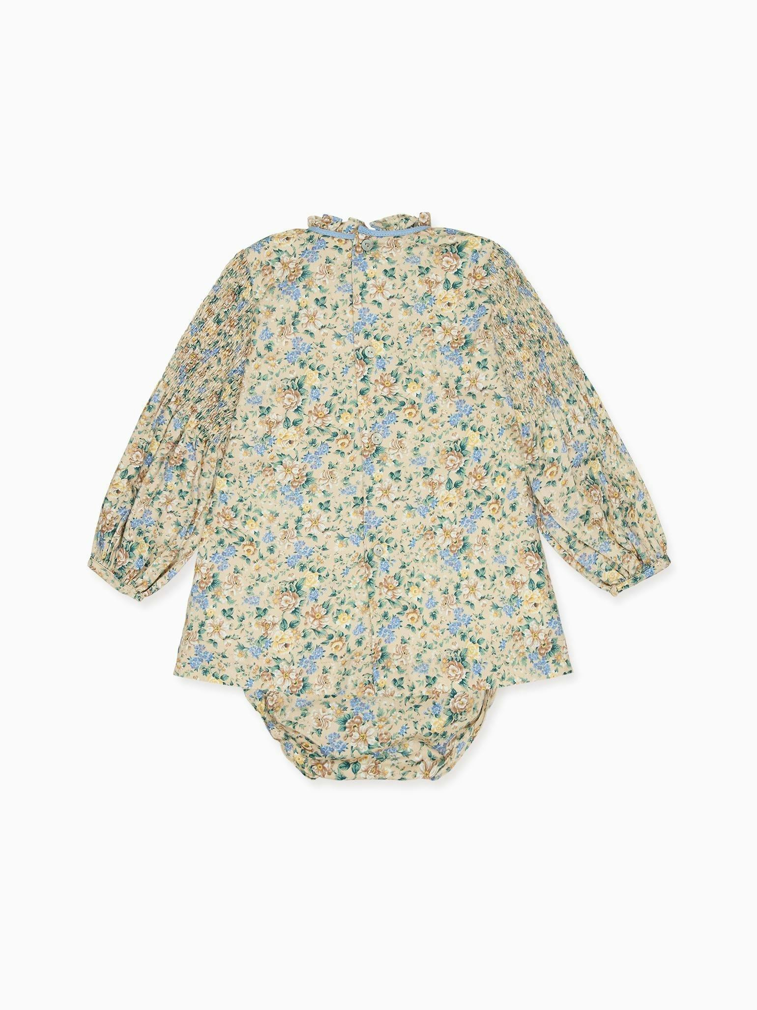 Beige Floral Raya Baby Girl Hand-Smocked Set