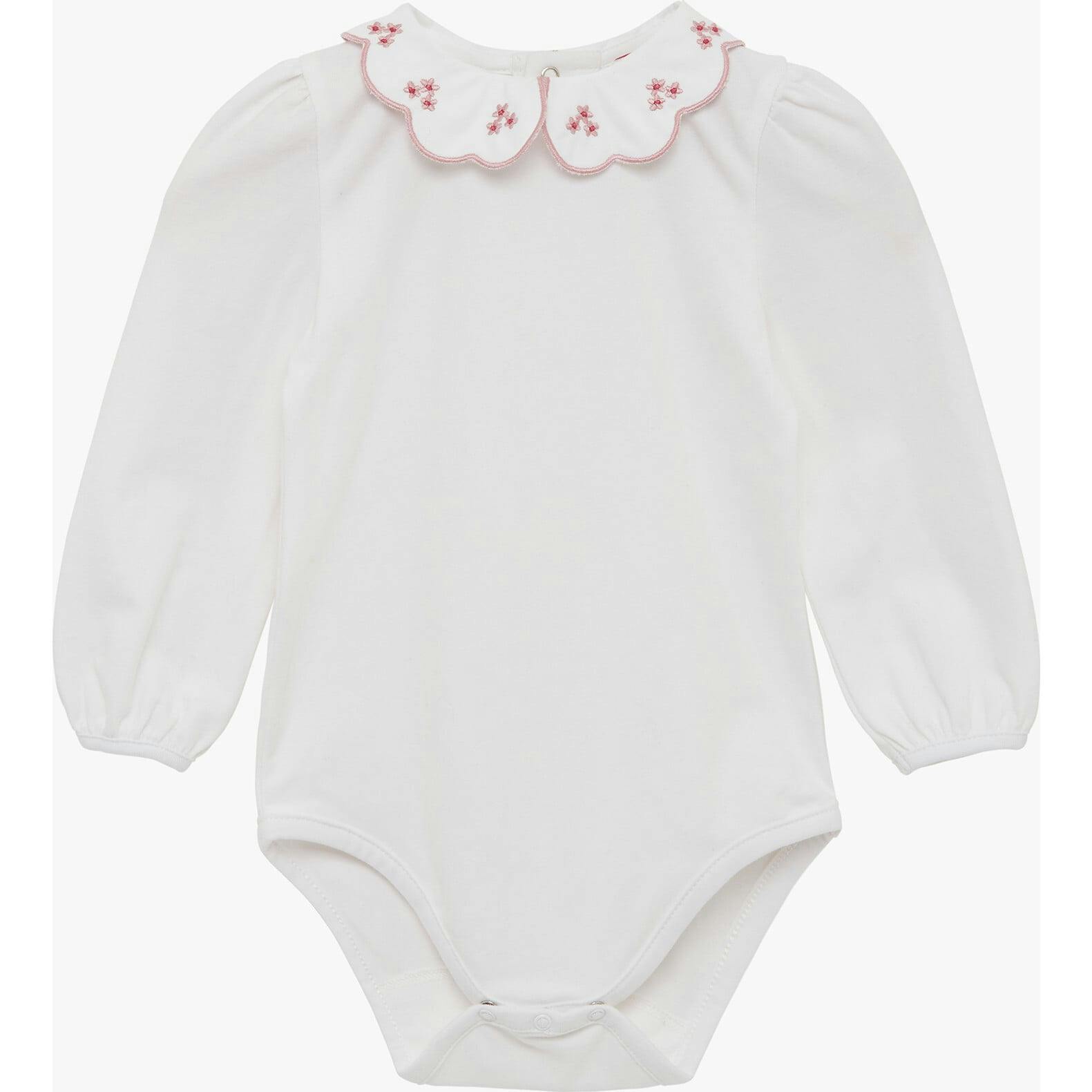 Baby Long-Sleeved Petal Floral Bodysuit in White/Pink