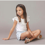 Organic Knit Top with Eyelet Flutter Sleeves, White