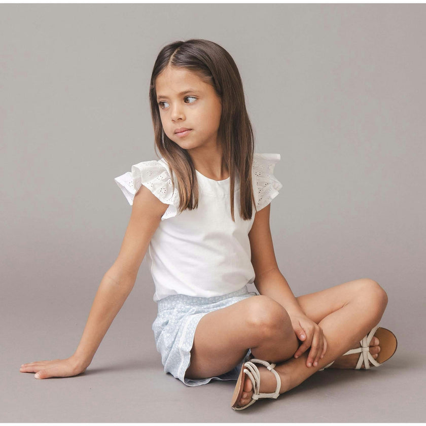 Organic Knit Top with Eyelet Flutter Sleeves, White