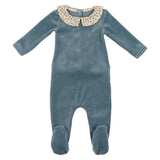Boy's Velour Floral Peter Pan Collar Long Sleeve Footie