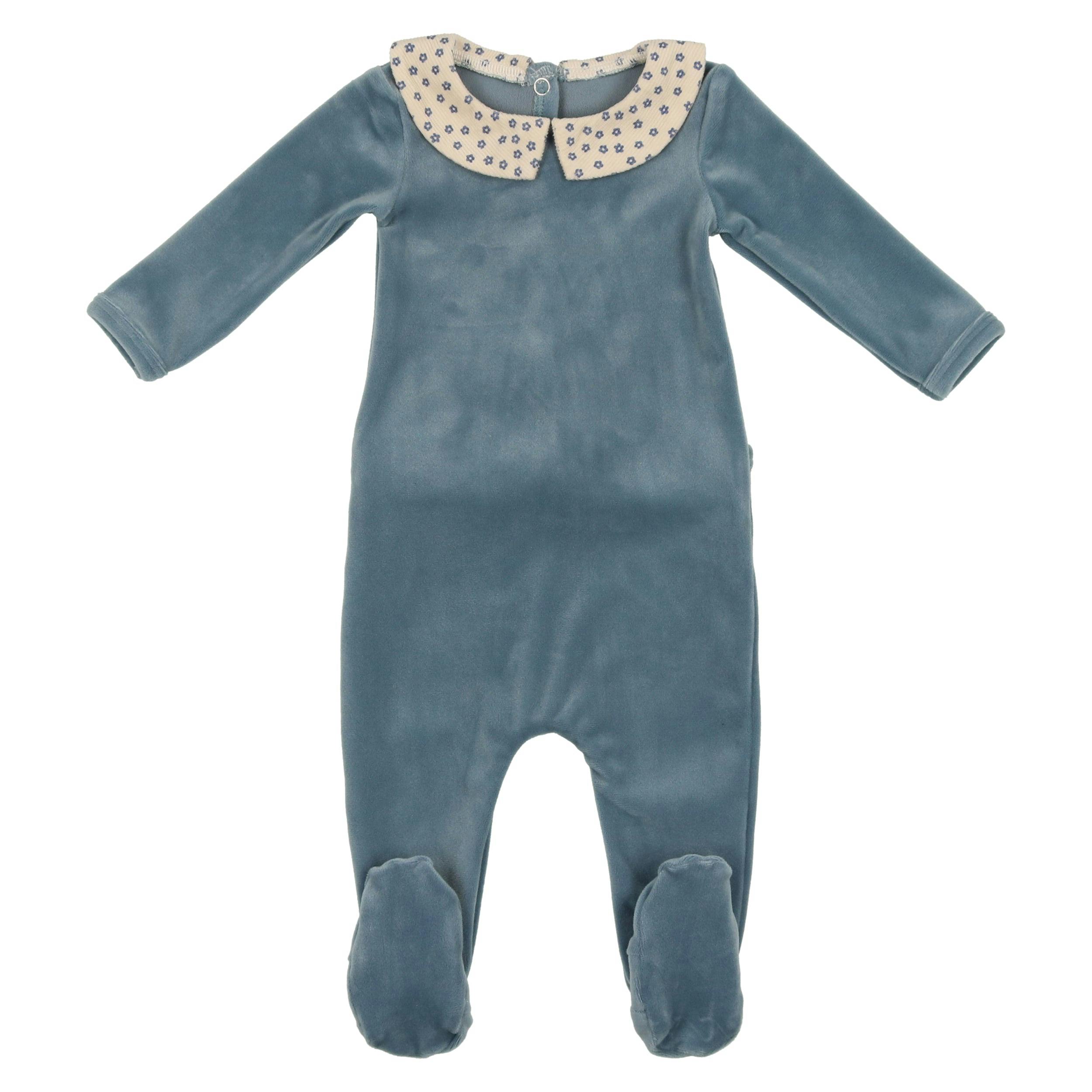 Boy's Velour Floral Peter Pan Collar Long Sleeve Footie