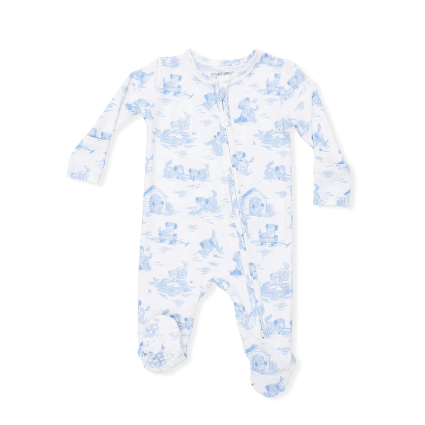 Puppy Toile Blue - 2 Way Zipper Footie & Swaddle Blanket Set
