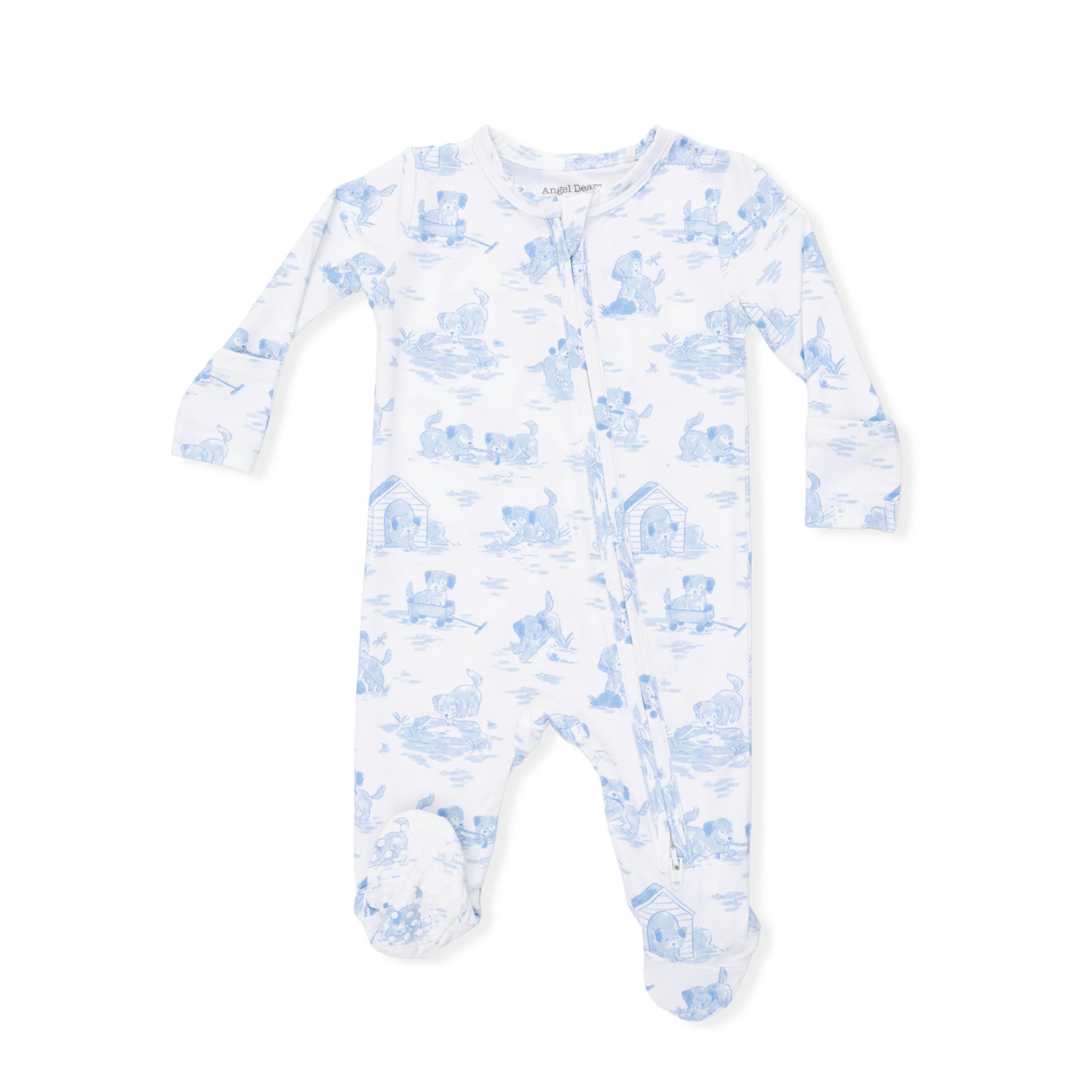 Puppy Toile Blue - 2 Way Zipper Footie & Swaddle Blanket Set
