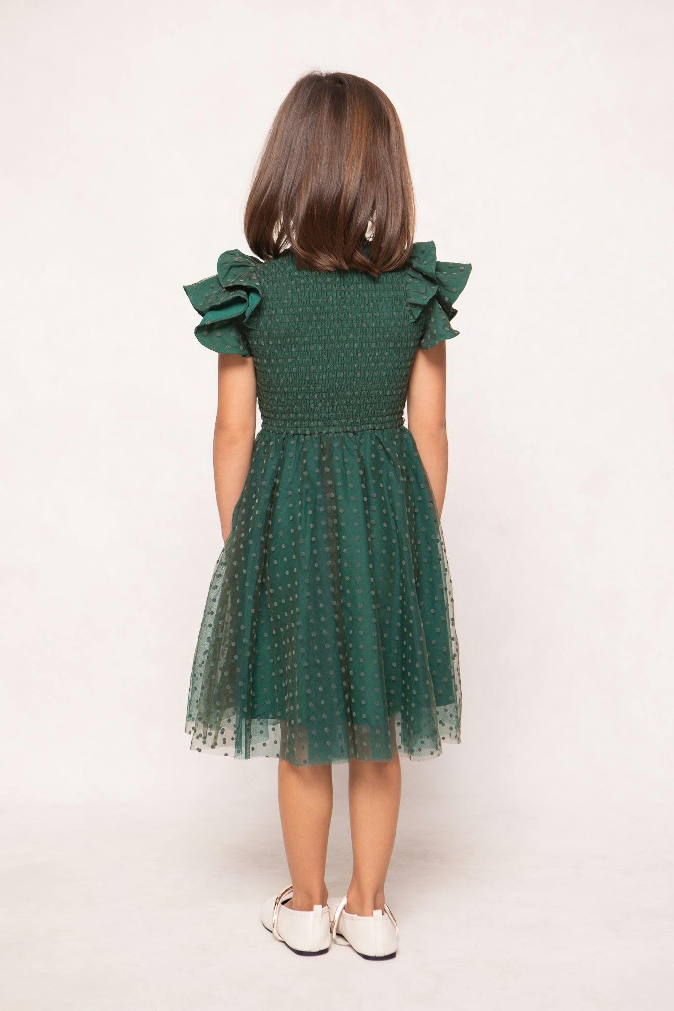 Mini Hattie Dress in Green Flocked Dot Tulle