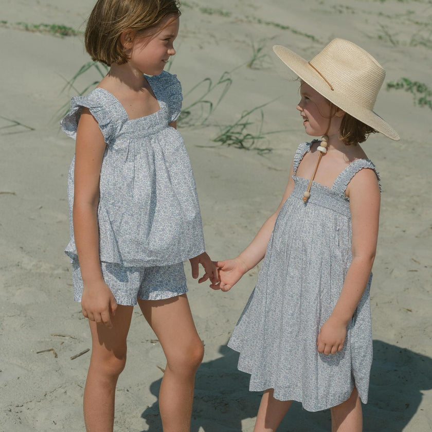 girls slate floral ruffle top and short set