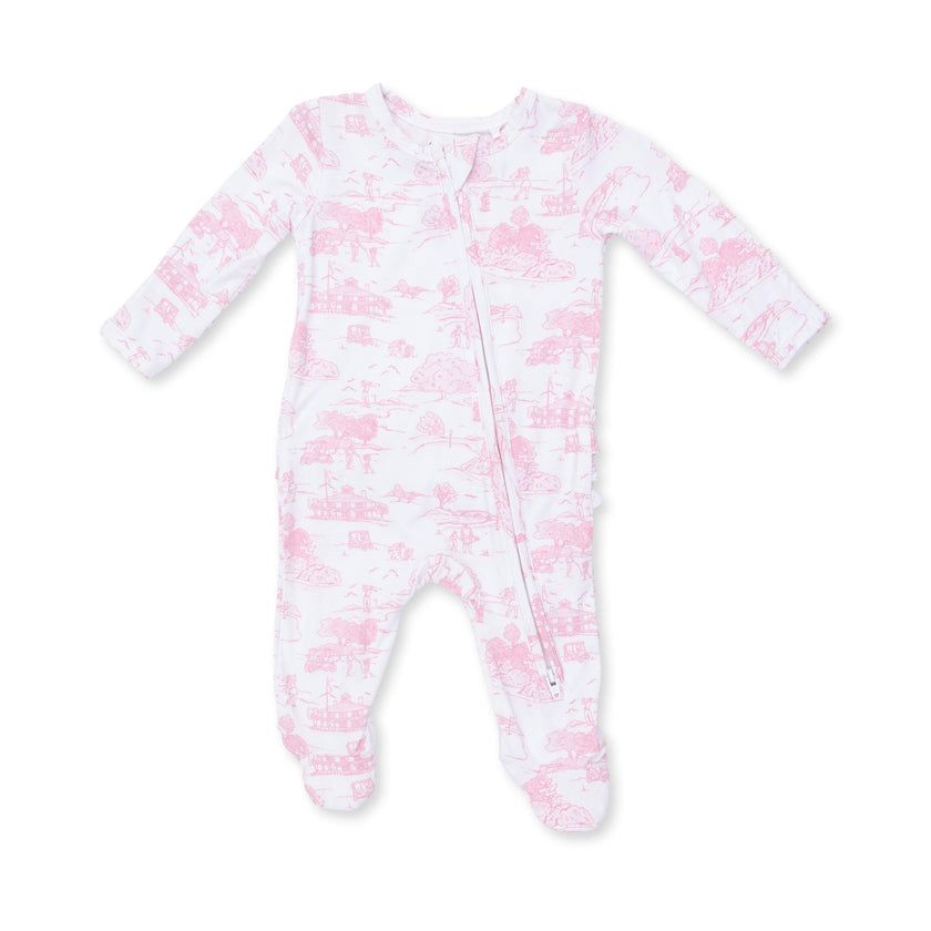 Golf Toile Pink - 2 Way Ruffle Back Zipper Footie
