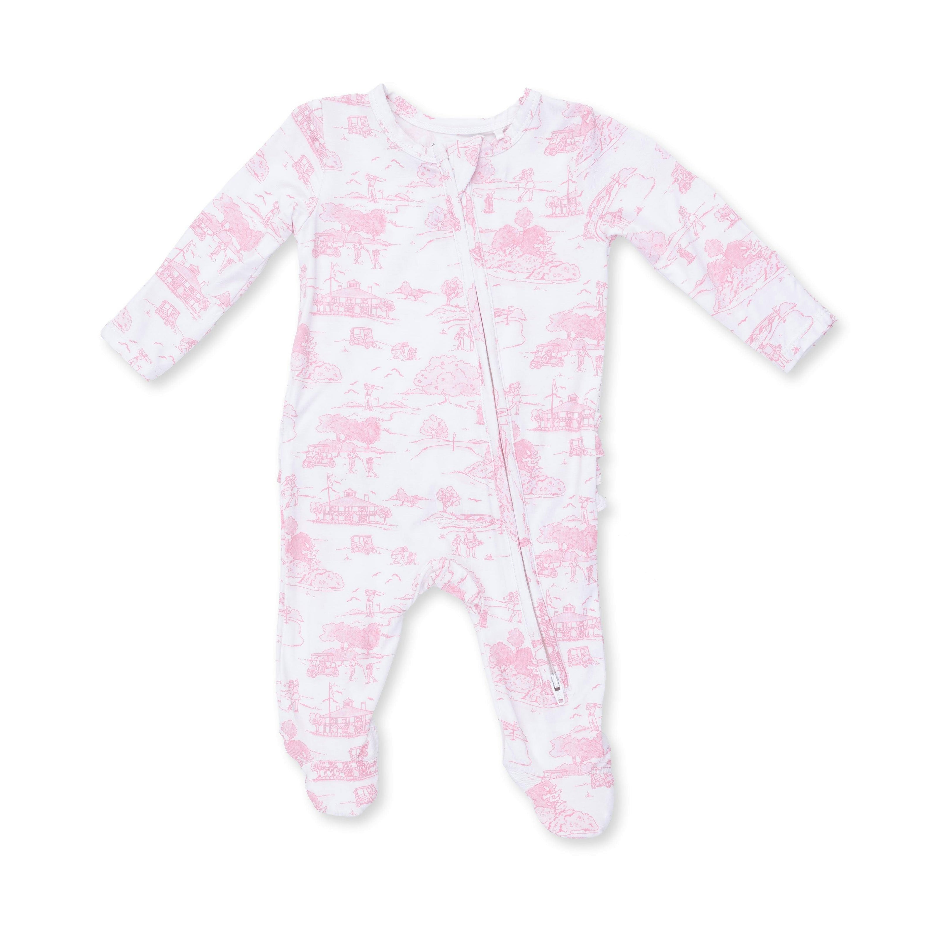 Golf Toile Pink - 2 Way Ruffle Back Zipper Footie