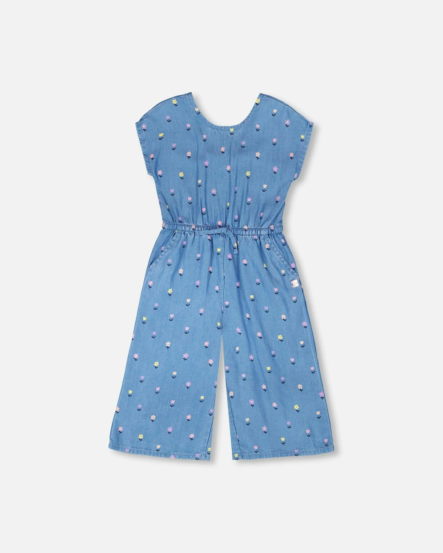 Chambray Jumpsuit Blue Flower Print