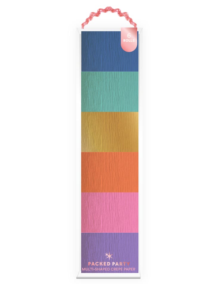Packed Party Color Pop Streamer Party Backdrop Kit - 6 Colors of 72-Inch Crepe Paper Rolls with 60-Inch Gold Satin Ribbon for Photo Walls and Cake Tables