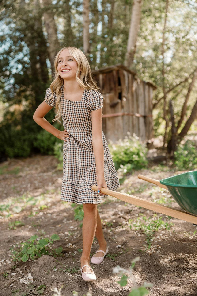 Teen Connie Short Sleeve Dress in Chestnut Gingham