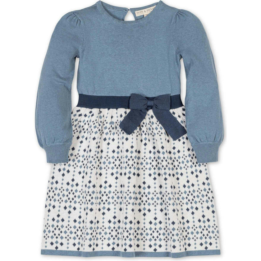 Organic Long Sleeve Skater Sweater Dress with Bow, Blue