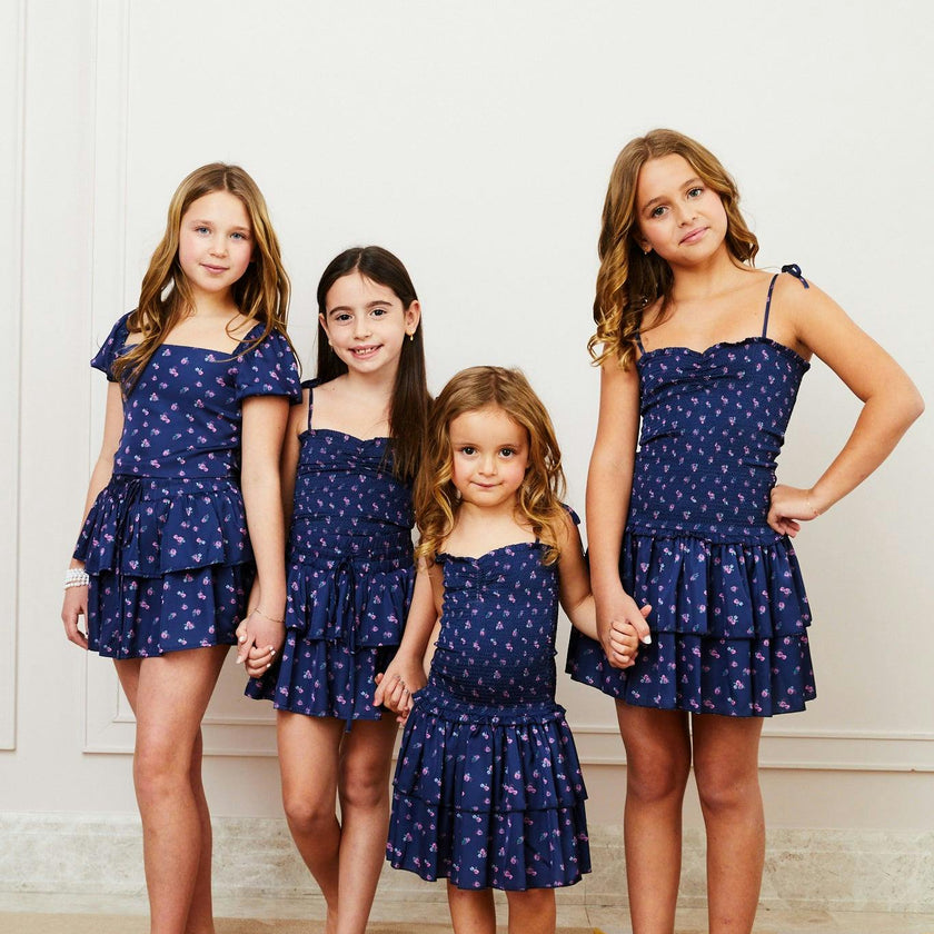 Lola Satin Smocked Ruffle Dress - Navy Rose