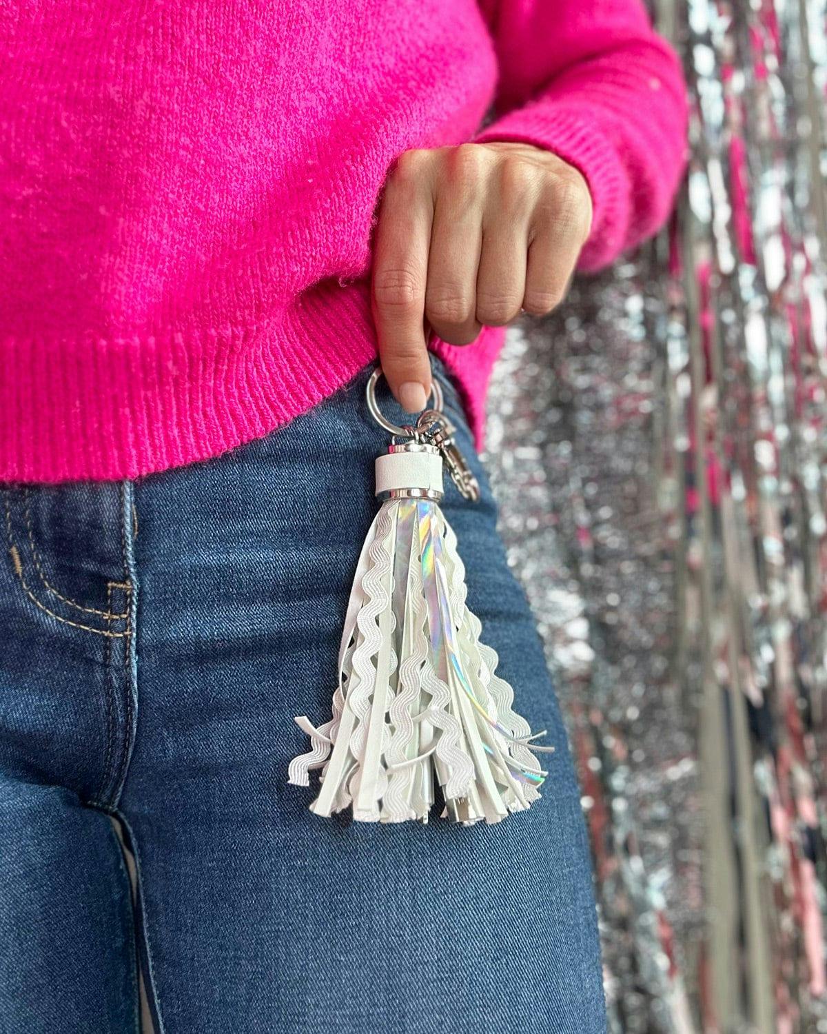 Packed Party More Metallic Portable Charging Tassel Keychain - Holographic Vegan Leather Keychain USB Charger Compatible with iPhone and Android, 1 Inch Keyring