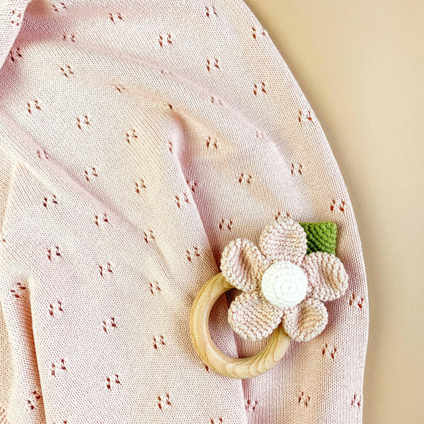 Blush Pique Blanket Pink Flower Rattle Gift Set