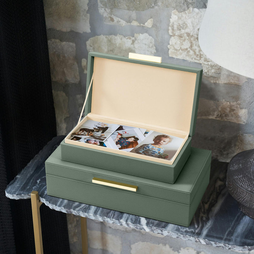 Decorative Storage Boxes with Lids - Set of 2 PU Leather Organizer Bins for Bookshelf Decor - Store Photos, Documents and Memory Box Keepsakes in Style