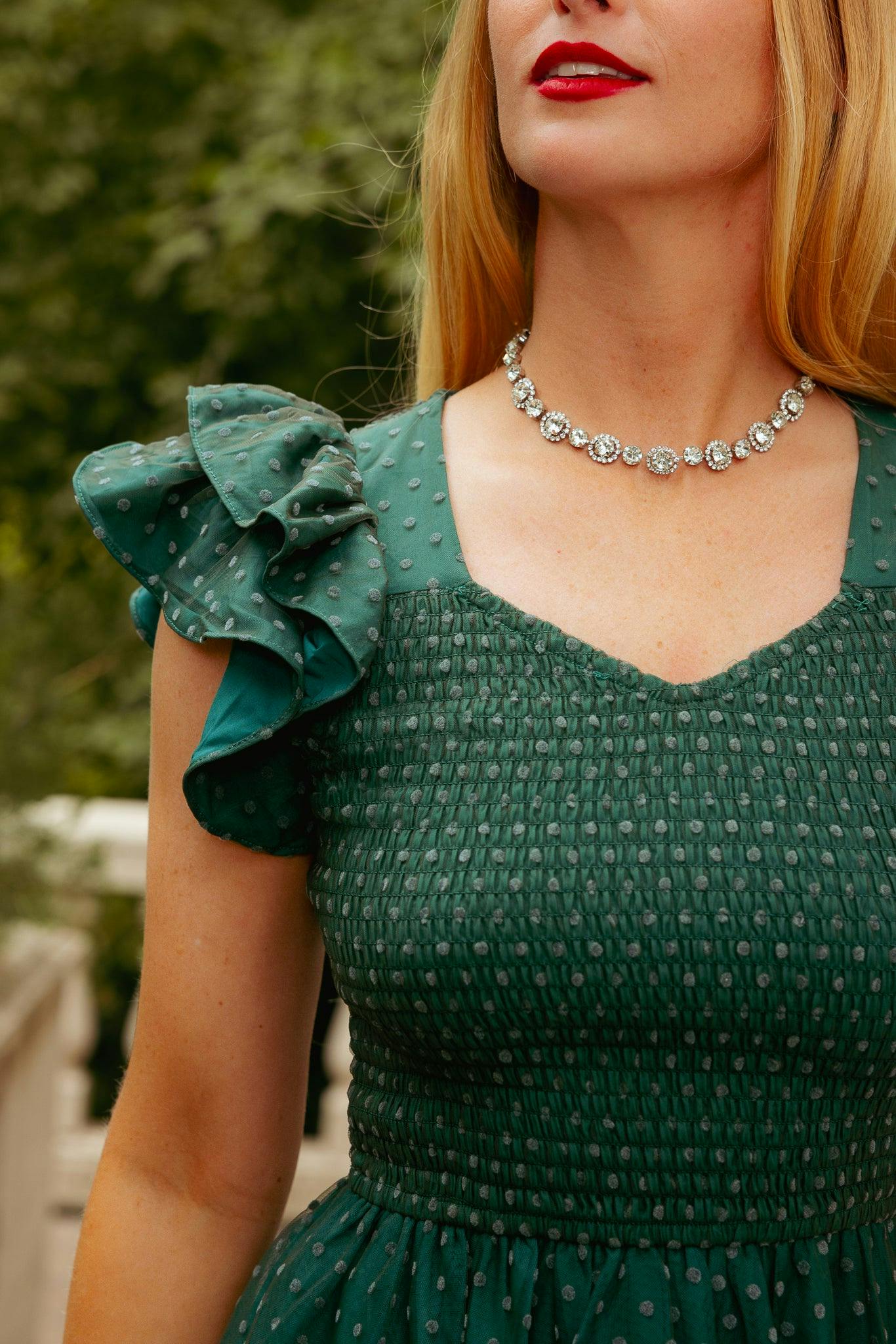 Hattie Dress in Green Flocked Dot Tulle