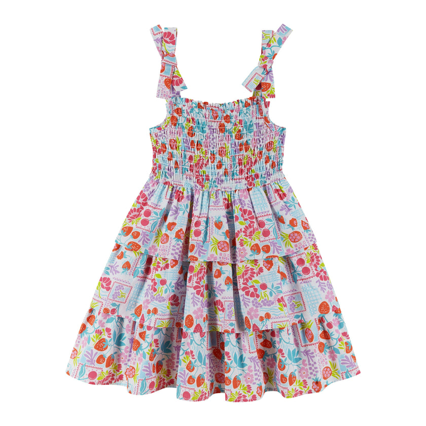 Girls Tiered Poplin Dress | White Strawberry