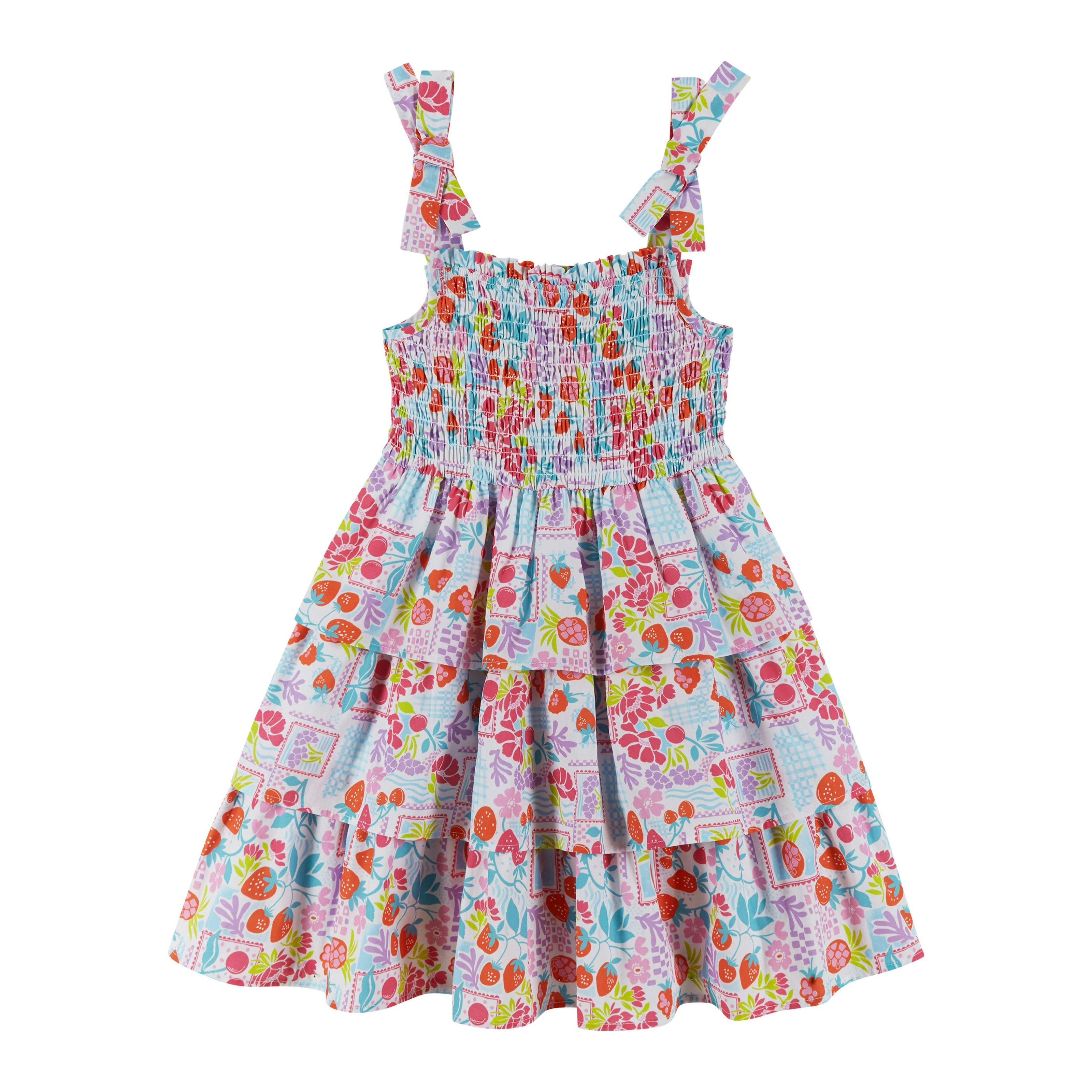 Girls Tiered Poplin Dress | White Strawberry