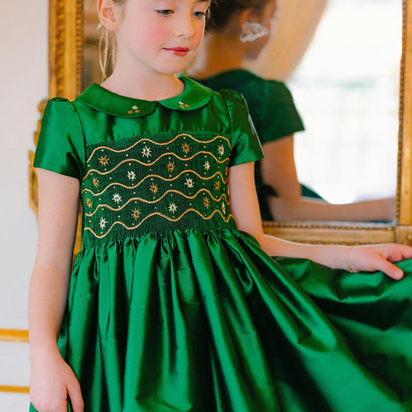 Stella Green Silk Short Sleeve Smocked Dress