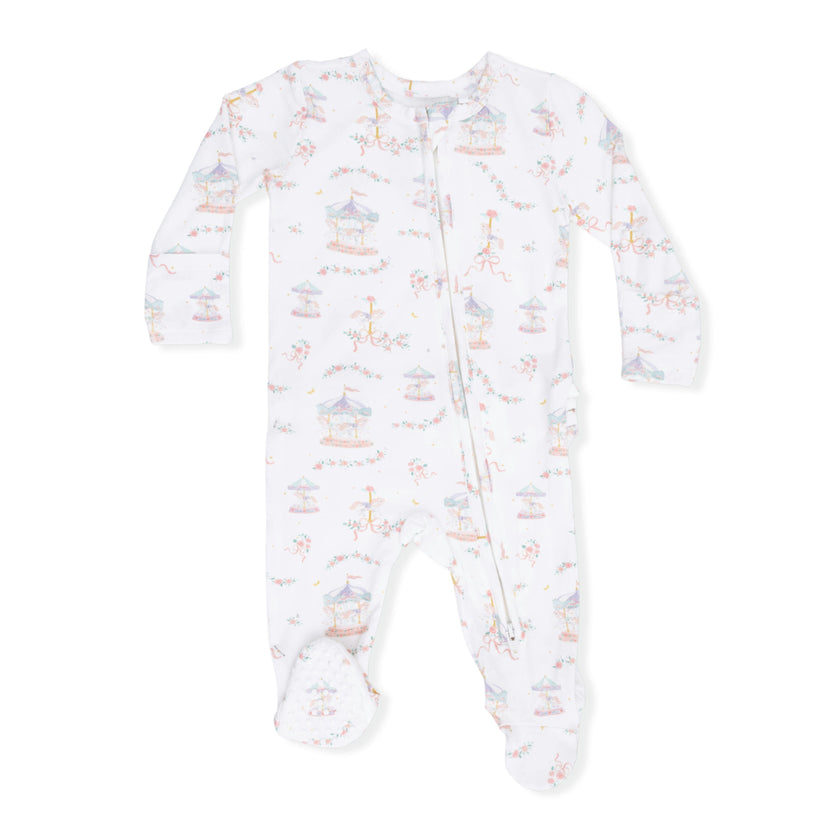 Carousel with Bows - 2 Way Ruffle Back Zipper Footie, Headband, & Swaddle Blanket Set