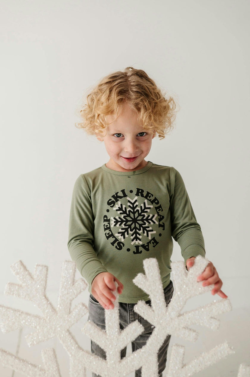 Boys Long Sleeve Tee in Eat Sleep Ski Repeat in Olive