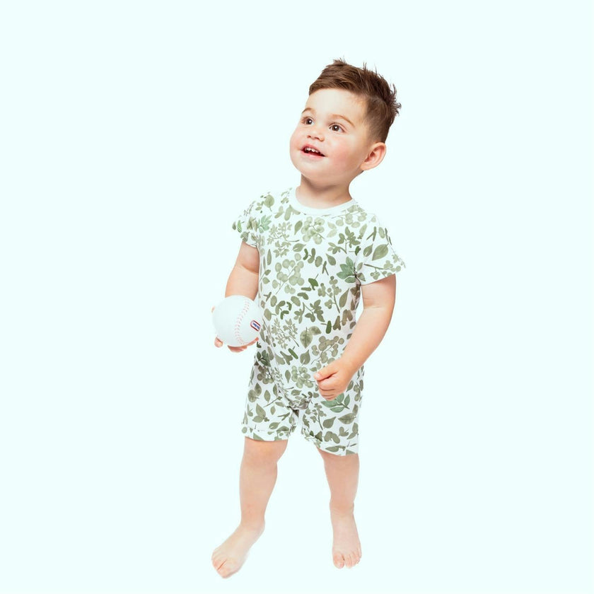 Organic Snap Romper in Green Leaves