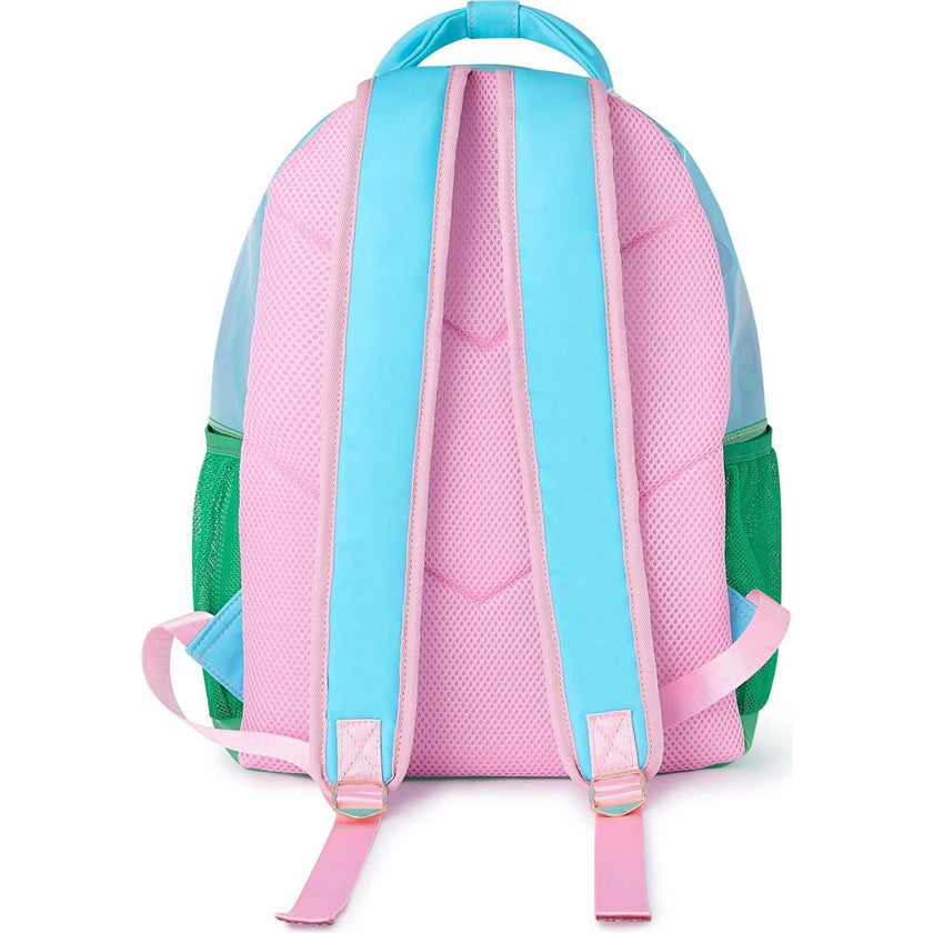 Colorblock Clear Backpack by Packed Party | Pink Glitter Panel, Blue Bow, Cherry Bag Charm | 17" Cute Backpack for Girls