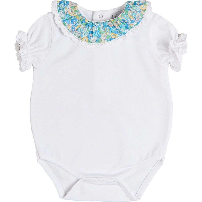 Leontyne Floral Ruffle Collar Lace Detail Bodysuit in Blue Made with Liberty Fabric (1mth-3yrs)