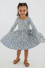 3/4 Sleeve Twirl Dress in Periwinkle Meadow