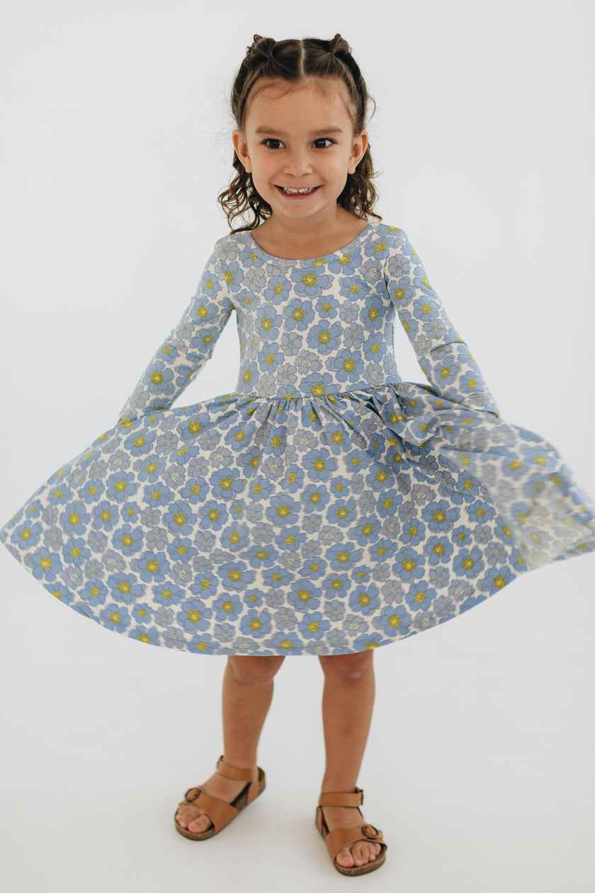 3/4 Sleeve Twirl Dress in Periwinkle Meadow