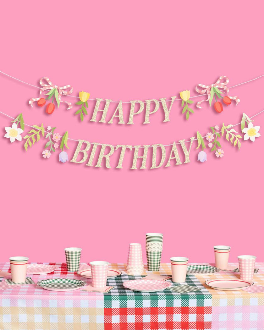 Floral Birthday Banner - gold glitter banner