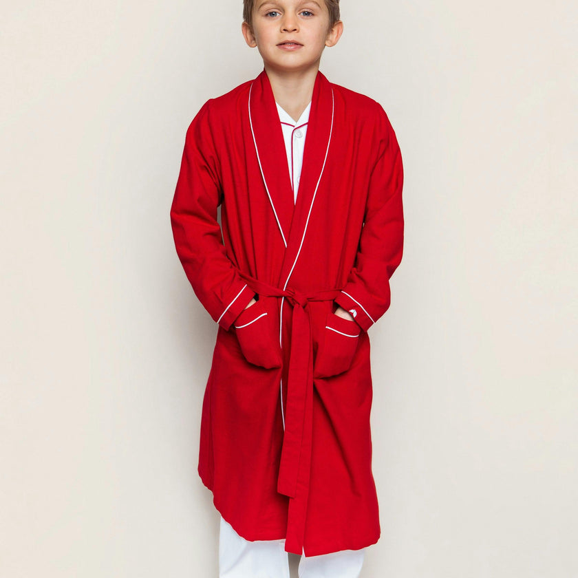 Kid's Flannel Robe in Red with White Piping