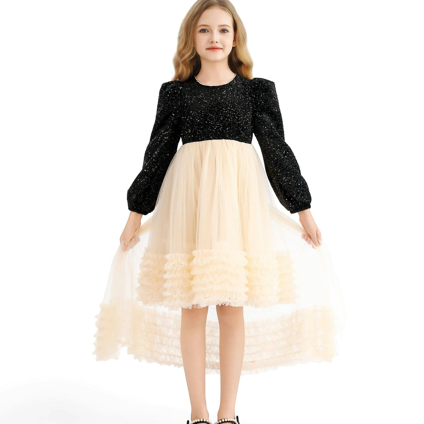 Black Glitter Bow-Back Tulle Gown