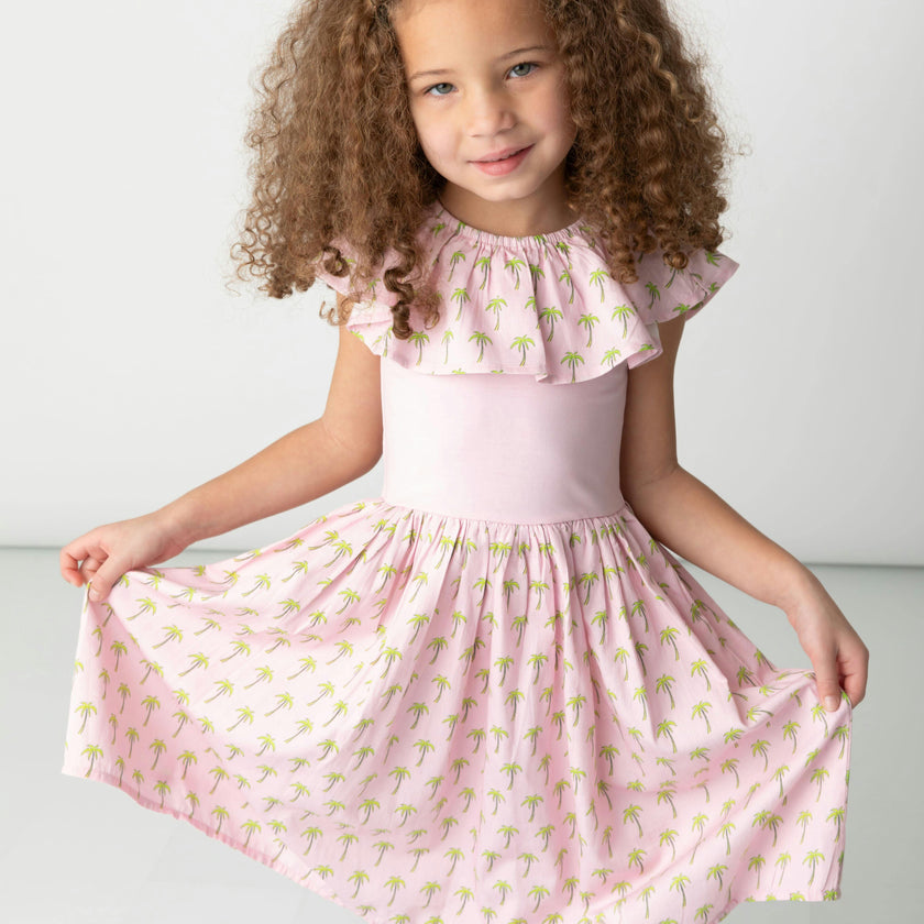 Pink Palms Mixed Fabric Ruffle Dress