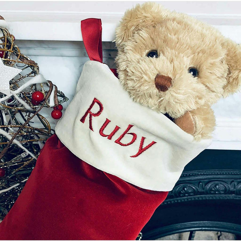 Bertie Bear's Personalized Christmas Stocking in Red