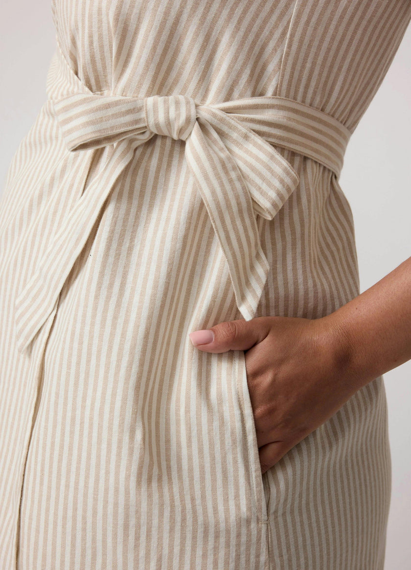 Striped Linen Wrap Maternity Midi Dress