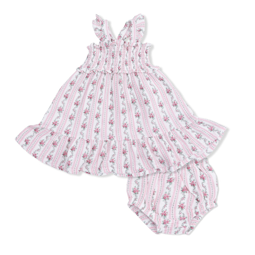 Winding Roses Stripe - Smocked Ruffle Sundress & Bloomer