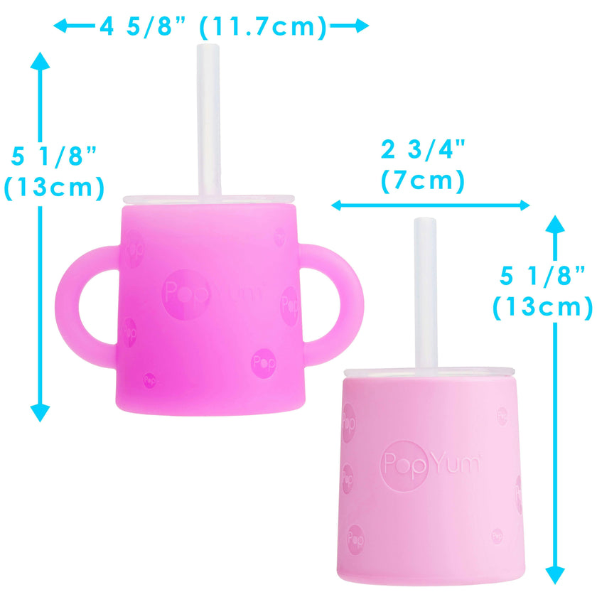 PopYum Silicone Training Cup with Straw Lid, 2-Pack for Baby, Infant and Toddler, Tumbler, Sippy, handles, 5 ounce (purple, pink)