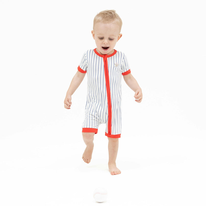 Baseball Stripe - Shortie 2 Way Zipper Romper