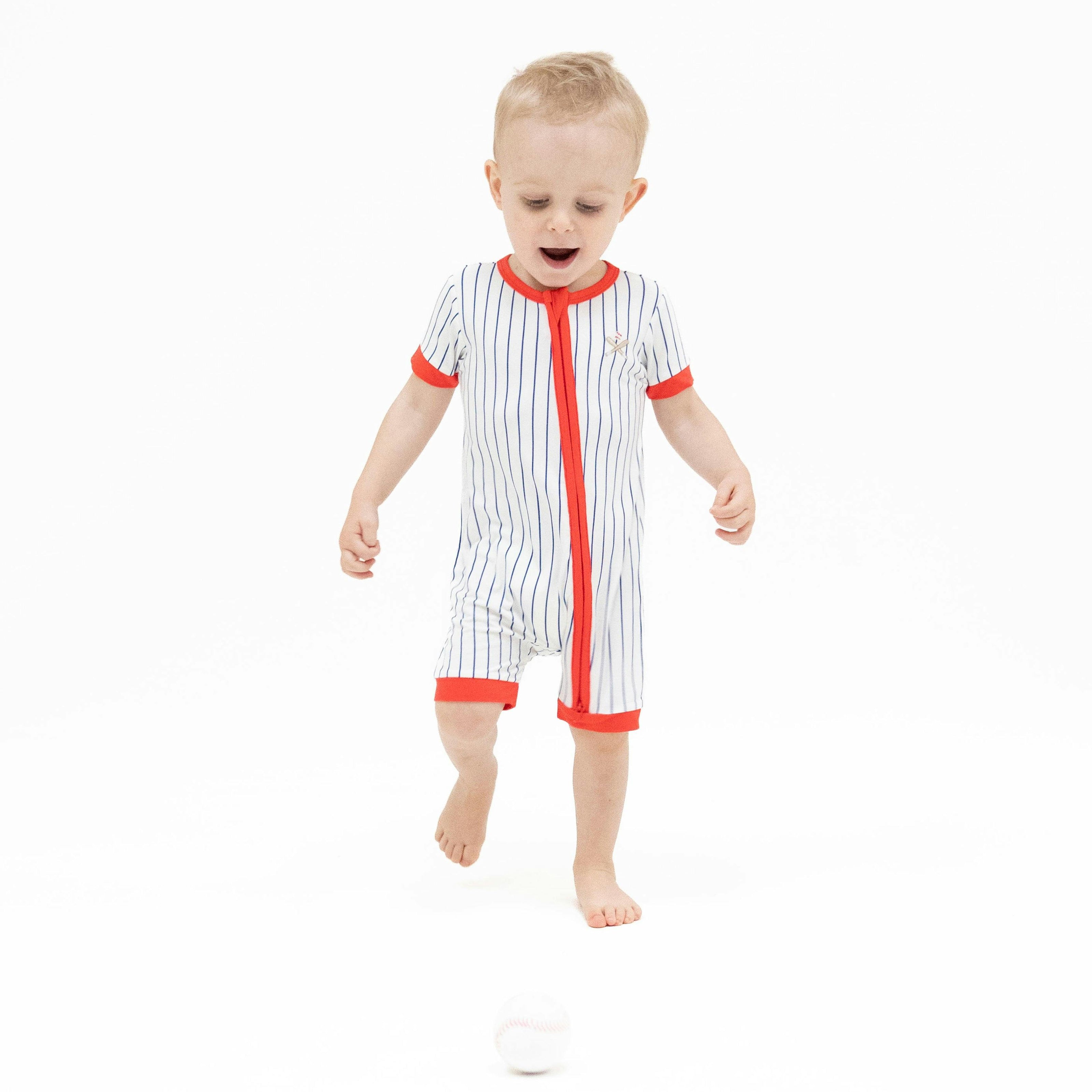 Baseball Stripe - Shortie 2 Way Zipper Romper