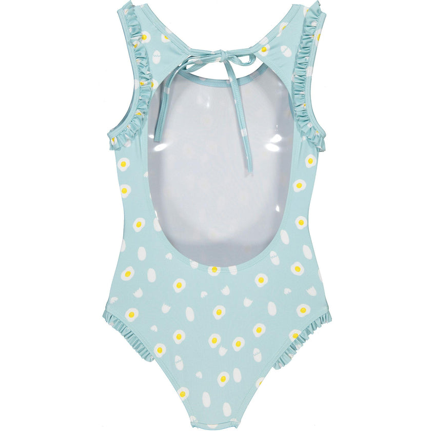Eggs Print Ruffle Shoulder Swimsuit, Blue