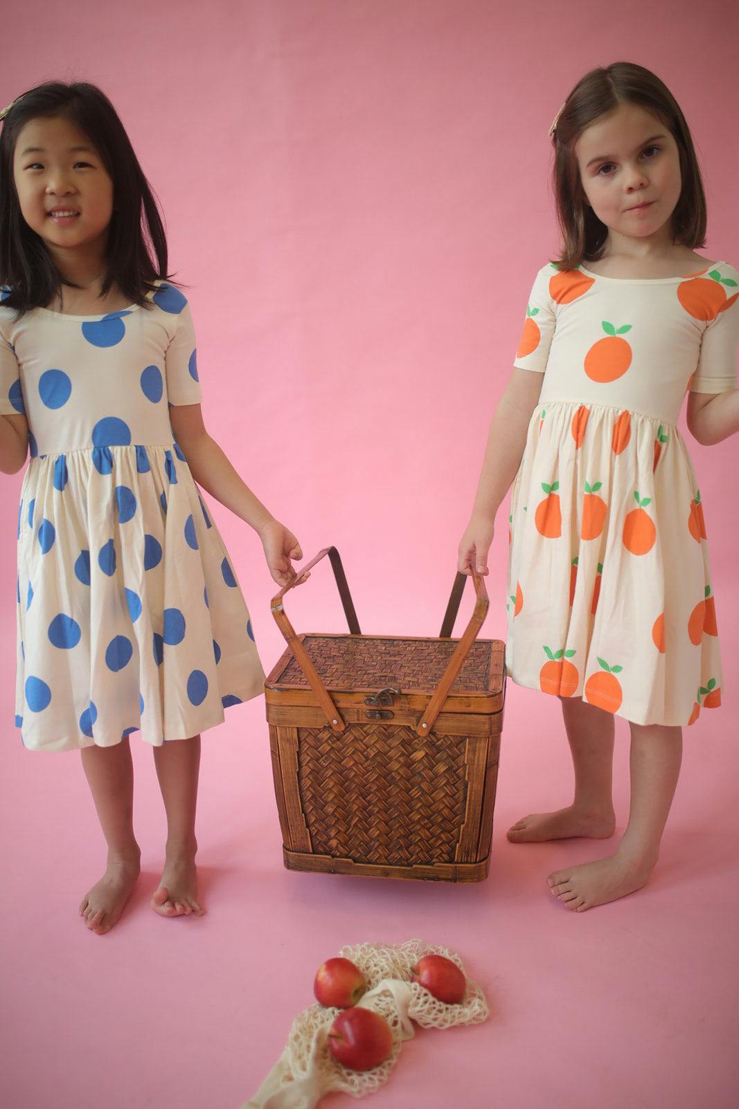 Short Sleeve Twirl Dress in Blue Dots