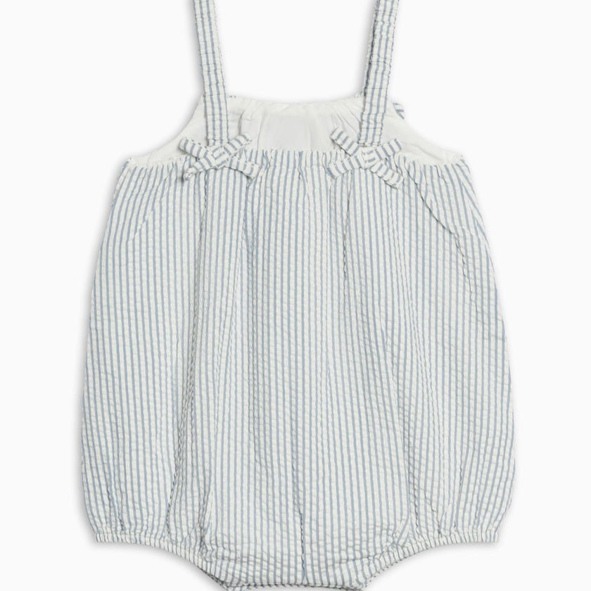 Rosalie Seersucker Ruffle Bubble Romper - Shore Stripe / Sea