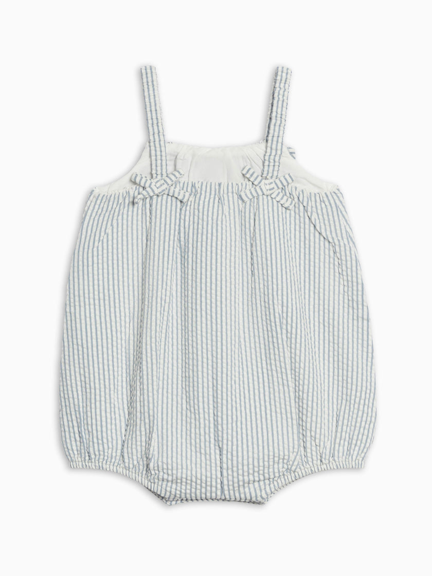 Rosalie Seersucker Ruffle Bubble Romper - Shore Stripe / Sea